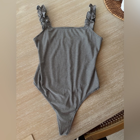 Elodie Tops - Nordstrom Elodie Striped Ribbed Bodysuit with Ruffled Straps Medium